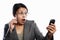 Businesswoman surprised using video call