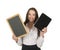 Businesswoman with tablet pc and board