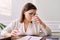 Businesswoman, teacher, psychologist drinking water from glass, close-up face