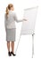 Businesswoman or teacher with whiteboard from back