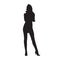 Businesswoman thinking and standing with folded hands, isolated vector silhouette. Front view