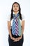 Businesswoman with three multi colored neckties.