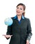 Businesswoman Throwing Globe