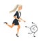 Businesswoman and time concept with young girl trying to catch up running away wall clock.
