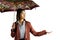 Businesswoman with an umbrella feeling the rain