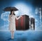 Businesswoman with umbrella in front of red servers
