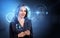 Businesswoman using phone, biometric scanning with face detection hologram