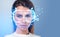 Businesswoman with vr glasses hologram, futuristic technology and metaverse