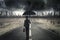 Businesswoman walking on road with thunderstorm