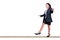 Businesswoman walking a tightrope isolated on whit