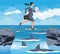 Businesswoman walking tightrope over shark in sea