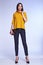 Businesswoman wear yellow silk jacket cotton trousers suit