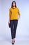 Businesswoman wear yellow silk jacket cotton trousers suit