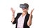 Businesswoman wearing black virtual reality glasses isolated on