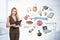 Businesswoman wearing formal jumpsuit is standing and holding clipboard