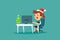 Businesswoman wearing santa claus hat while working with small christmas tree on her desk