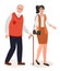 Businesswoman wearing stylish business suit with ponytail walking with old man lean at walking stick