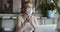 Businesswoman wears medical mask and gloves working from home office