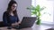 Businesswoman works on computer in office with window and indoor plants