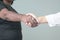 Businesswomen or professional executives shaking hands. Office setting. Welcome aboard or after good deal