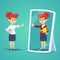 Businesswomen standing in front of a mirror looking at her reflection and imagine herself successful. Business cartoon vector conc