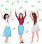 Businesswomen standing under money rain and catch dollar bills. Rich people catch banknotes