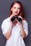 Businesswomen in white shirt with binocular