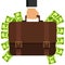 Bussiness, hand holding briefcase. A hand is holding a briefcase full of money. Vector illustration of a briefcase with money