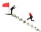 bussinessman shouting another carrying red arrow running on money stairs