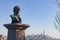 Bust of Alexander Hamilton at the Weehawken Dueling Grounds with the Lower Manhattan New York City Skyline in the Background in We