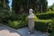 Bust of the Russian writer Anton Pavlovich Chekhov in the courtyard of the summer house-museum in Yalta