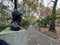 Bust of Virginia Woolf, profile view, gazing down an alley in Tavistock Square, Bloomsbury, London