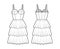 Bustier dress technical fashion illustration with sleeveless, cups, fitted body, 3 row knee length ruffle tiered skirt.