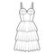 Bustier dress technical fashion illustration with sleeveless, cups, fitted body, 3 row knee length ruffle tiered skirt.