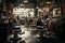 A bustling barber shop adorned with numerous chairs and illuminated by vibrant lights, Vintage barber shop with customers in