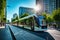 A bustling city with electric buses and trams promoting urban sustainability