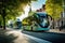 A bustling city with electric buses and trams promoting urban sustainability