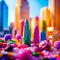 a bustling city made entirely of candy, wti gumdrop buildings and sugar-coated streets