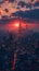 A bustling city view from above illuminated by lights at twilight