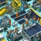 A bustling factory floor with workers in safety gear operating machinery and assembling solar cell components. AI Generated,