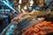 Bustling Fish Market Showcasing an Array of Fish Varieties, A fish market filled with an array of fish and seafood, bustling with