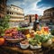 Bustling Food Market in Rome with Iconic Landmarks