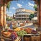 Bustling Food Market in Rome with Iconic Landmarks