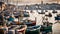 A bustling harbor with fishing boats and seagulls