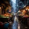 Bustling Hong Kong Wet Market Before Dawn With Cornucopia of Exotic East Asian Fruits and Vegetables