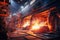 A bustling, industrial landscape filled with massive machinery, molten steel, and sparks flying as workers maneuver through the