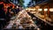 Bustling Japanese Marketplace at Dusk. Vibrant Colors, Energetic Vendors, Immersive Atmosphere