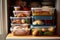 bustling kitchen filled with array of food items stored in various plastic containers. sense of organization