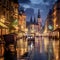 Bustling Krakow Street at Night with Vibrant Lights and Lively Crowds