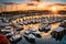 A bustling marina with a variety of boats and sailboats docked, against a backdrop of a picturesque sunset